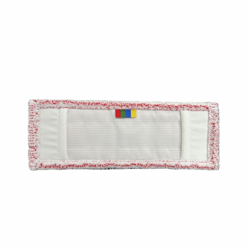 Das Arcora Excellent Red-White Db-Fc Mopp Pad von Arcora International GmbH ist ein rechteckiger Mikrofaser-Mopp mit Farbcodierung, strukturiertem Rand und bunten Tabs in der Mitte, abgebildet vor weißem Hintergrund.
