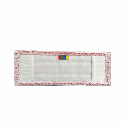 Das Arcora Excellent Red-White Db-Fc Mopp Pad von Arcora International GmbH ist ein rechteckiger Mikrofaser-Mopp mit Farbcodierung, strukturiertem Rand und bunten Tabs in der Mitte, abgebildet vor weißem Hintergrund.