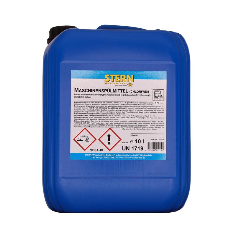 A blue 10L plastic canister labeled "STERN Machine Detergent OC" of the Stern Waschmittel GmbH, chlorine-free and marked with hazard symbols, ideal for gastronomy and large kitchens as an industrial dishwashing detergent.