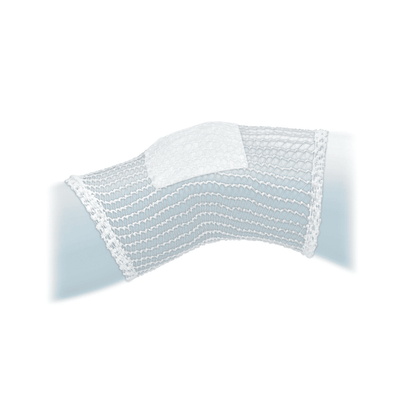 A white, textured Meditrade ABE® tubular net bandage sample piece in various sizes with a wave pattern, displayed against a shaded, light background to highlight its intricate weave and highly elastic design.