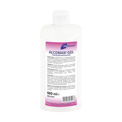 A 500 ml bottle of Meditrade Alcoman® Gel hand sanitizer with product information and instructions for use in German on a white-pink label. The bottle has a flip-top cap and appears