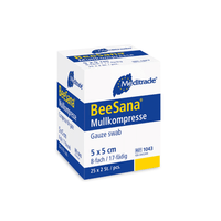 A box of BeeSana® gauze pads from Meditrade GmbH, featuring a white and blue design and German labeling, indicating a size of 5 x 5.