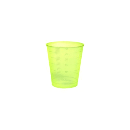 A translucent green disposable medicine cup made of plastic by Meditrade GmbH, 30 ml, graduated with measurement markings on the side, isolated on a white background.