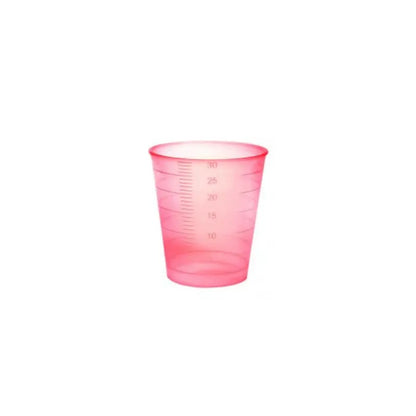 A transparent pink Meditrade disposable medicine cup with measurement lines indicating the volume in milliliters.