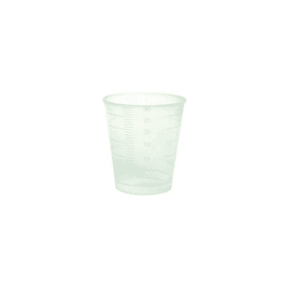 A translucent Meditrade disposable medicine cup made of plastic, 30 ml, graduated with measurement markings, presented against a plain white background.