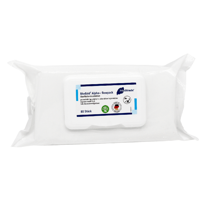 A pack of Meditrade Medizid® Alpha+ Flowpack surface disinfection wipes, containing 80 wipes, in a white plastic packaging with product information and logos on the side.