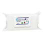 A pack of Meditrade Medizid® Alpha+ Flowpack surface disinfection wipes, containing 80 wipes, in a white plastic packaging with product information and logos on the side.