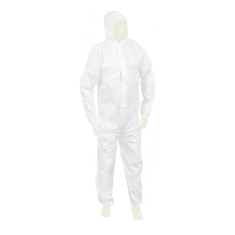 A person is wearing a white Meditrade Suavel® Yeti protective suit with a hood that completely covers the body and is standing against a white background. The suit appears lightweight and designed for safety.