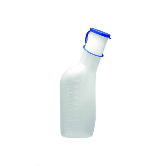 Die Urinflasche für Männer von Meditrade GmbH ist eine durchsichtige Kunststoffflasche mit blauem Verschluss und ergonomischem Tragegriff. Sie hat ein Fassungsvermögen von 1000 ml, Messmarkierungen auf einer Seite und bietet eine einfache Handhabung. Der Urinflaschenhalter ist separat erhältlich.