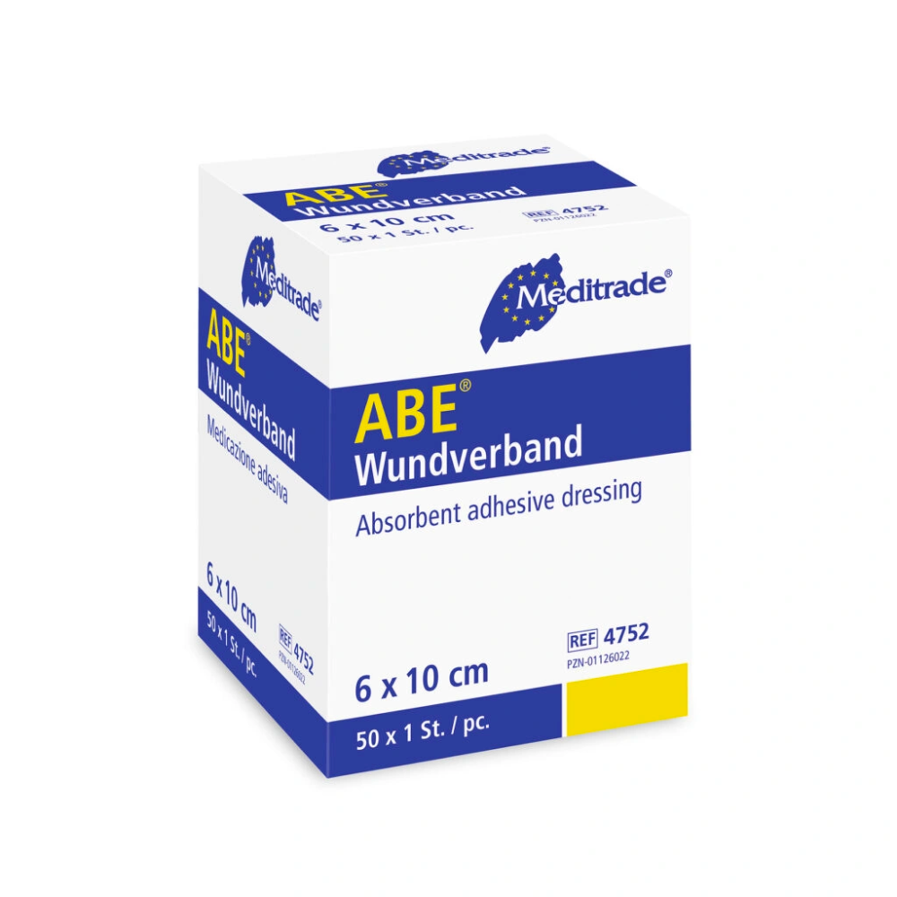 A box of Meditrade ABE® quick wound dressing, highly absorbent wound dressing with dimensions 6 x 10 cm, packed 50 pieces per box. The packaging is mainly white with blue.