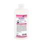 Eine weiße 500-ml-Plastikflasche Meditrade Alcoman® Händedesinfektionsmittel der Meditrade GmbH mit einem rosa-weißen Etikett, auf dem Produktinformation, Gebrauchsanweisung, 500 ml Volumen und viruzide Wirkung gegen MRSA angegeben sind.