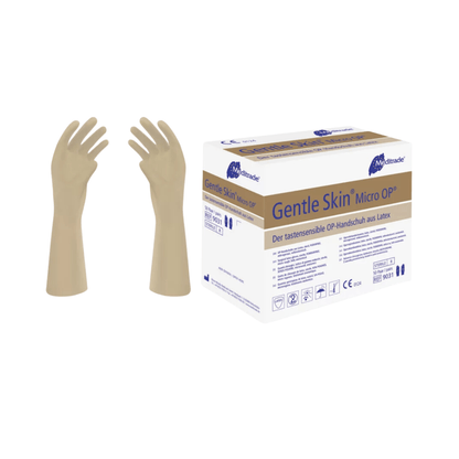 Image of a box of Meditrade Gentle Skin® Micro OP®, latex surgical gloves from Meditrade GmbH next to a pair of gloves. The packaging contains text in German and various symbols. The beige surgical gloves are shown with the palm facing outward, displaying their micro-textured surface.