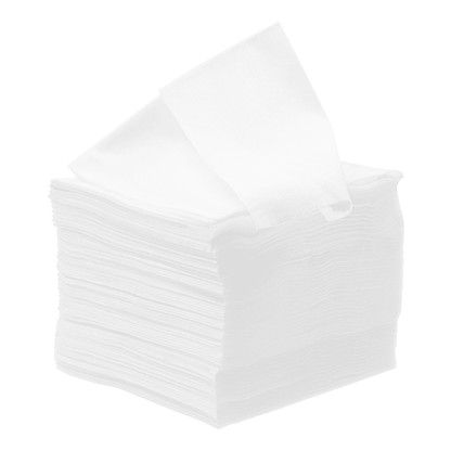 A stack of neatly folded white napkins from Meditrade GmbH, one partially pulled out, isolated on a white background.