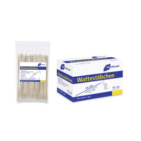 A transparent plastic bag containing Meditrade wooden cotton swabs with small tips, 15 cm long (100 swabs per bag), and a blue, white, and yellow box from Meditrade GmbH (pack of 10 bags) are shown against a white background.