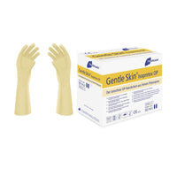 Two beige Meditrade Gentle Skin® Isopretex® sterile, powder-free surgical gloves are displayed next to a box. The box is labeled in English and German and highlights the gloves’ sterile and powder-free properties. Symbols indicate that the gloves are latex-free and comply with safety standards.