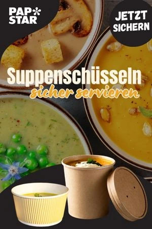 Papstar Suppenschüsseln zum sicheren Servieren von Suppen. Verschiedene Suppenschalen mit Suppenvariationen und passendem Deckel. Jetzt erhältlich im Online-Shop.