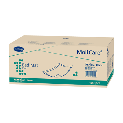 A box of MoliCare® Bed Mat ECO bed protection pads from Paul Hartmann AG, labeled with the product size 60 x 90 cm and the quantity 100 pieces. The packaging is beige with blue-green accents and includes a reference number.