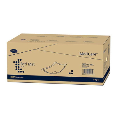 A box of MoliCare® Bed Mat ECO bed protection pads containing 50 pads, with the product reference number and dimensions listed on the side. The packaging is primarily beige with blue text and graphics.