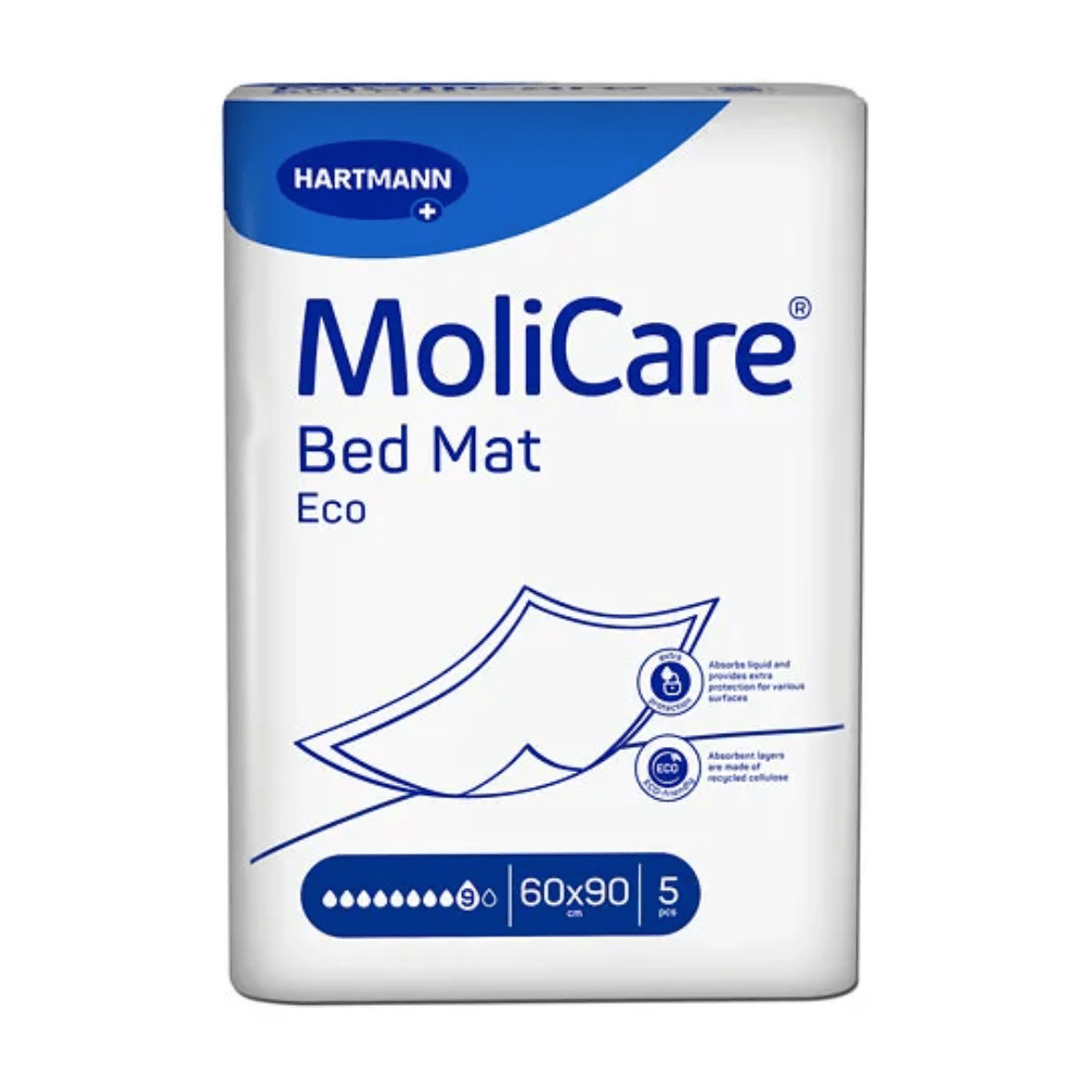 Product packaging for the MoliCare® Bed Mat ECO bed pads from Paul Hartmann AG, featuring a white-and-blue design with symbols indicating environmental friendliness and absorbency. The packaging lists the size as 60x.