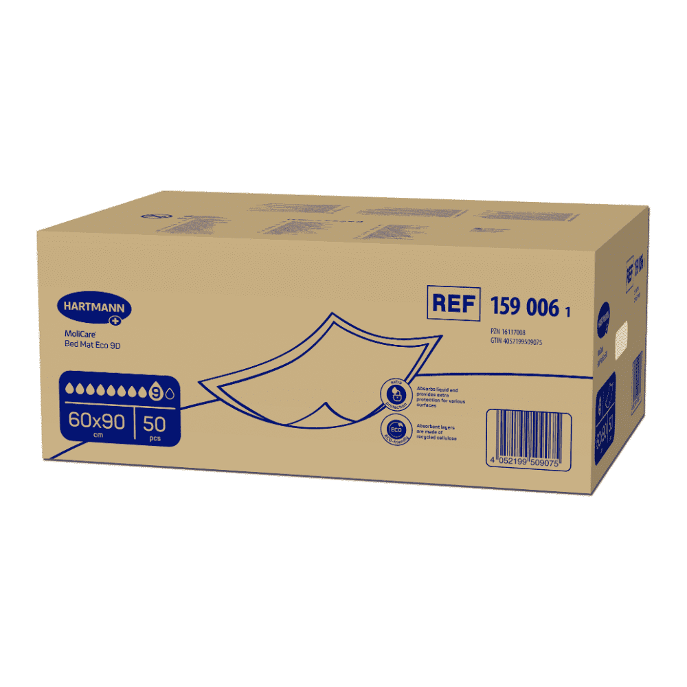 A cardboard box labeled “MoliCare® Bed Mat ECO Bed Protectors” in blue and beige, with product details and barcodes for Paul Hartmann AG prominently displayed.