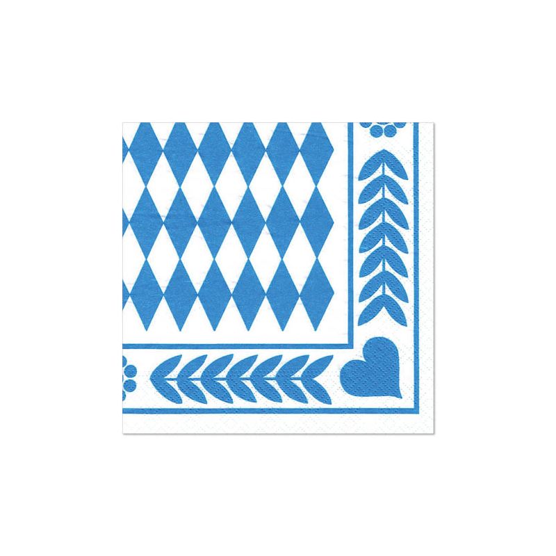 Die PAPSTAR 250 Servietten, 3lagig 1/4-Falz von PAPSTAR GmbH zeigen ein blau-weißes Rautenmuster mit Blatträndern, Punkten und einem Eckherz - ideale umweltfreundliche Servietten für die Gastronomie.