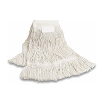 The Arcora Wet Mop with Strap / Open Fringes 400G from Arcora International GmbH features long, loose cotton strands and a rectangular fabric strap—ideal for cleaning floors. Packaging unit: carton (30 pieces).
