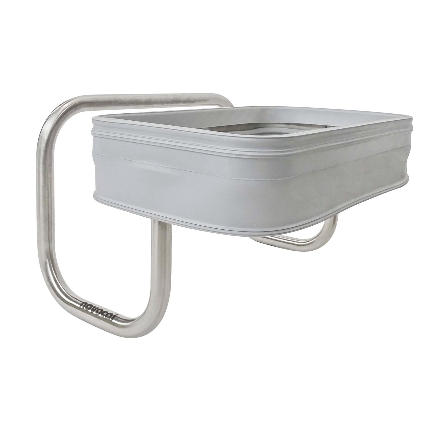 The Novocal stainless steel laundry collector "Compact" is a rectangular, light gray wall-mounted laundry collector with rounded edges on a metallic, space-saving bracket with the inscription "novocal". The frame is equipped with stainless steel connections. The background is white.