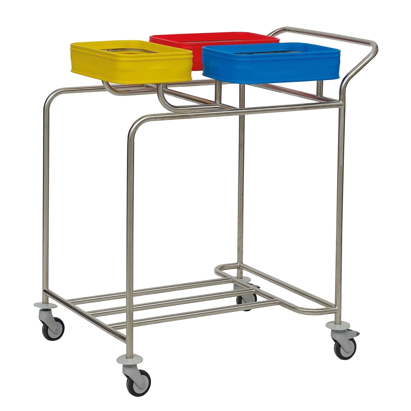 The Novocal stainless steel laundry collector "Kompakt plus" triple sorter consists of a stainless steel frame with three color-coded, rectangular containers (yellow, red, blue) for laundry sorting, mounted on four swivel casters.