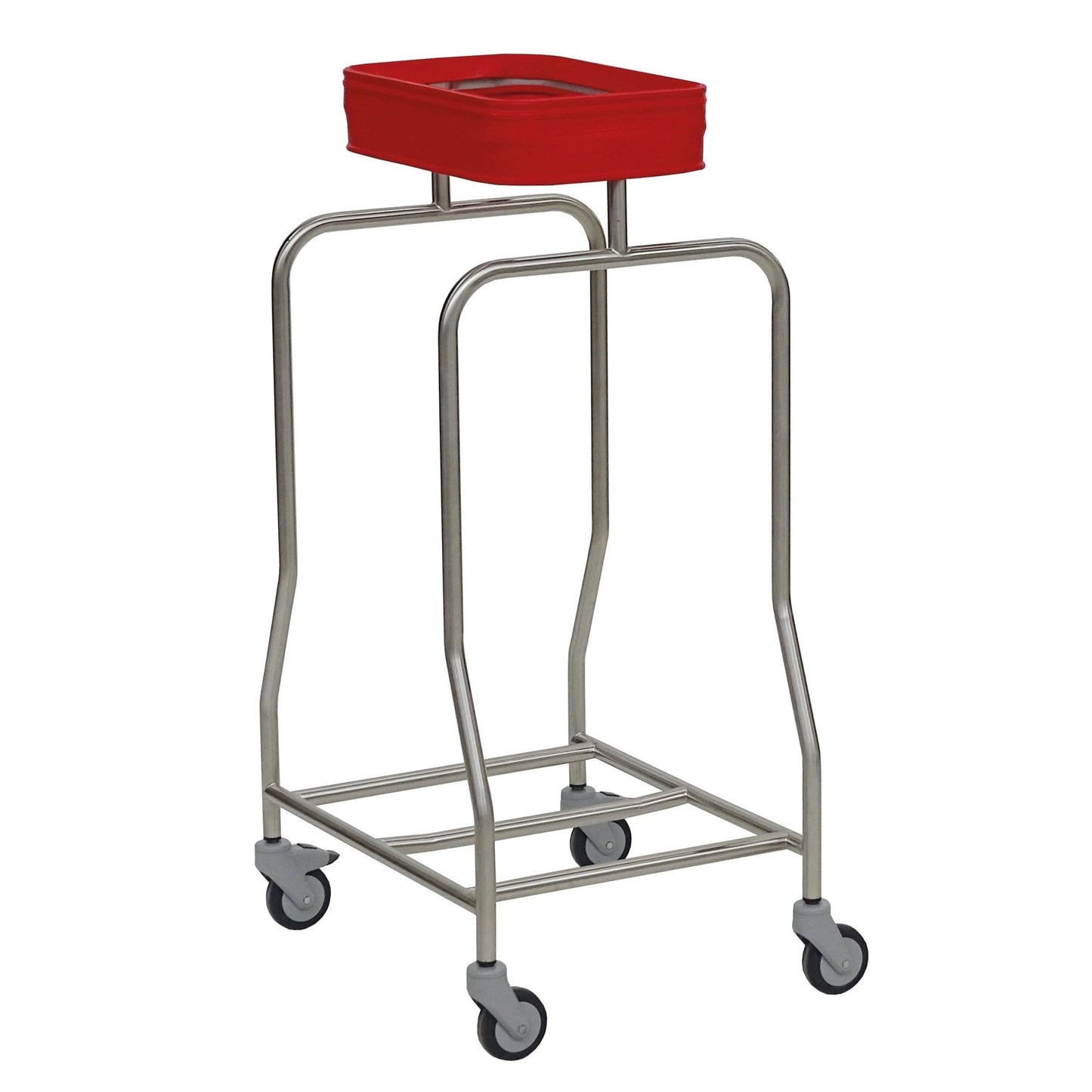 The Novocal stainless steel laundry collector "Compact" single collector with four swivel casters and a red rectangular container is ideal for efficient waste disposal or laundry organization in healthcare.