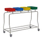 The Novocal "Kompakt" Quadruple Stainless Steel Laundry Bin features four color-coded, square lids—red, blue, yellow, and green—for easy sorting or recycling of laundry, and is equipped with wheels for convenient mobility.