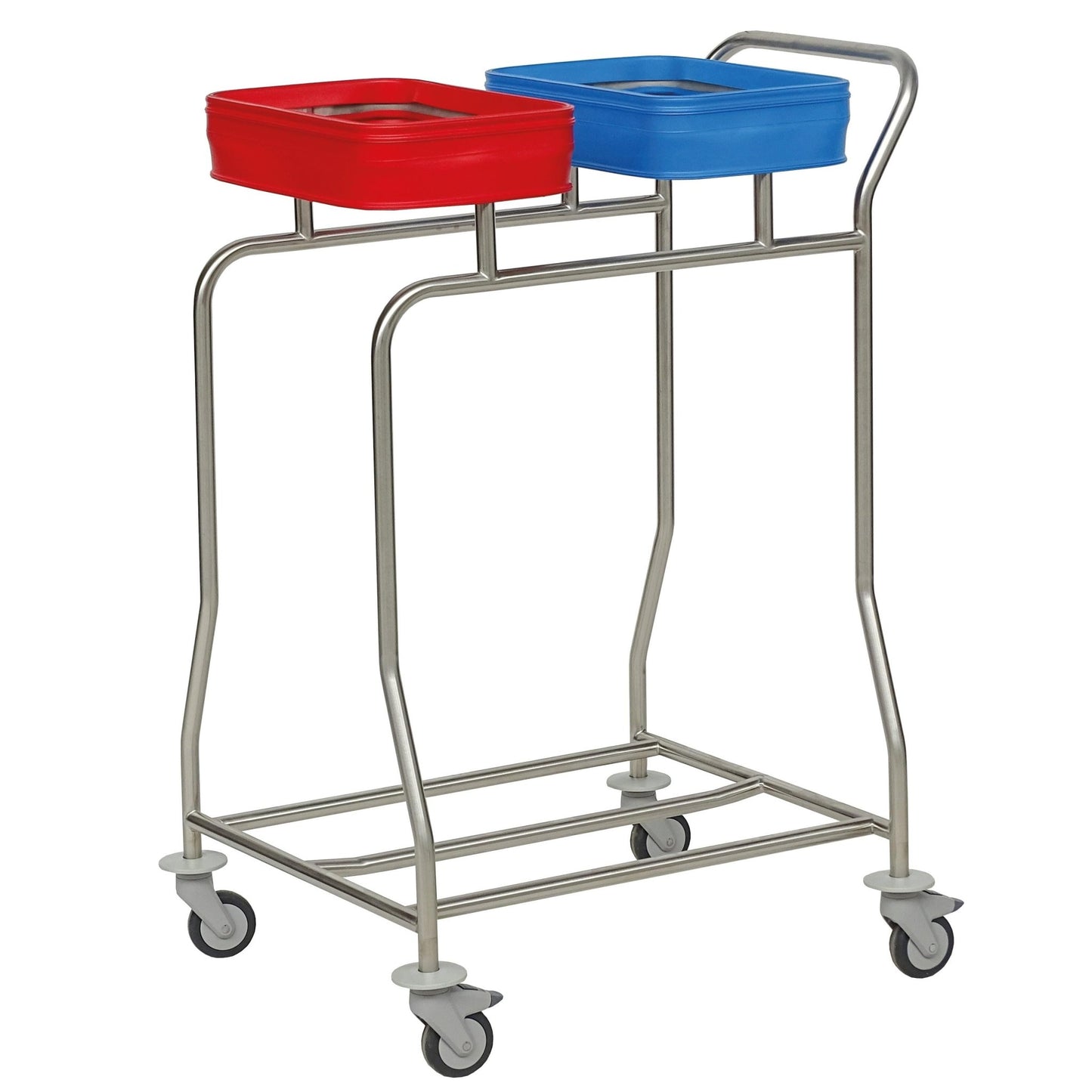 The Novocal stainless steel laundry collector "Compact plus" is a dual collector made of stainless steel with two colored containers and four wheels - ideal for efficient waste separation or medical laundry storage.