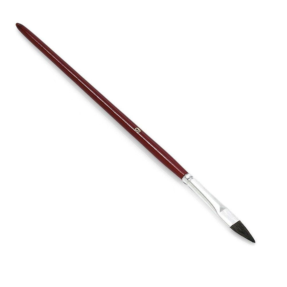 A Nölle Profi Brush touch-up brush from Nölle Profi Brush Bürsten- & Pinseltechnik e.K. with a long dark red handle, white metal ferrule, and fine natural hair blend is depicted angled for precision on a white background.