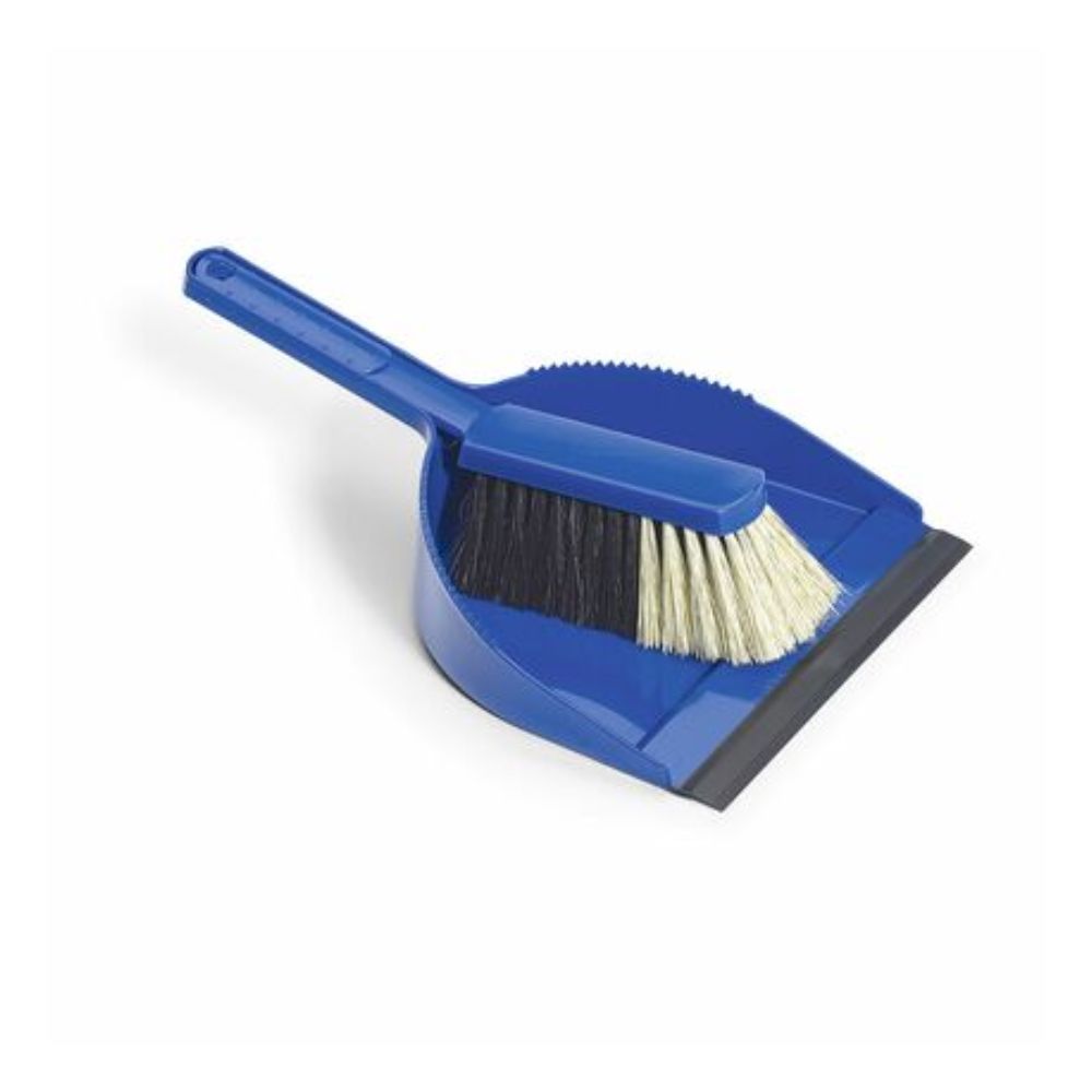 There is a blue Nölle Profi Brush Sweeping Set with a matching brush with a blue handle and black and white synthetic bristles. The set from Nölle Profi Brush Brush & Paint Technique e.K. features a TPE lip for better grip.