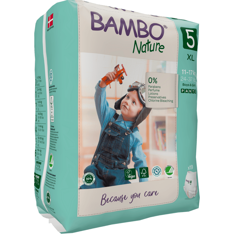 A package of Bambo Nature Pants from Abena Re-Seller GmbH, Size 5 XL (11-17 kg), shows a child in overalls with a toy airplane. The eco-friendly packaging highlights the skin-friendly and environmentally conscious properties.