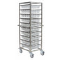 The Novocal open module trolley version 1-row made of stainless steel with two side handles and four swivel casters holds eight white plastic baskets that are stacked vertically. Brand: Novocal. Package size: 1 piece.