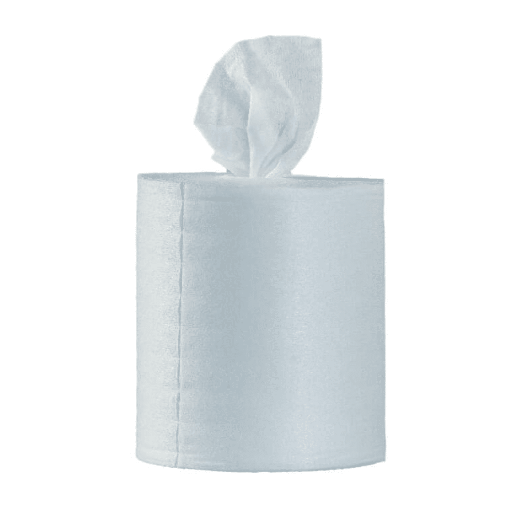 Eine Rolle Optimum11 BestWipes feuchte Desinfektionstücher mit einem einzelnen, teilweise von oben abgerollten Blatt liegt elegant vor einem schlichten, weißen Hintergrund. Die makellose weiße Farbe unterstreicht die Reinheit und Sauberkeit und macht sie zur idealen Wahl für die Aufrechterhaltung der Hygiene.