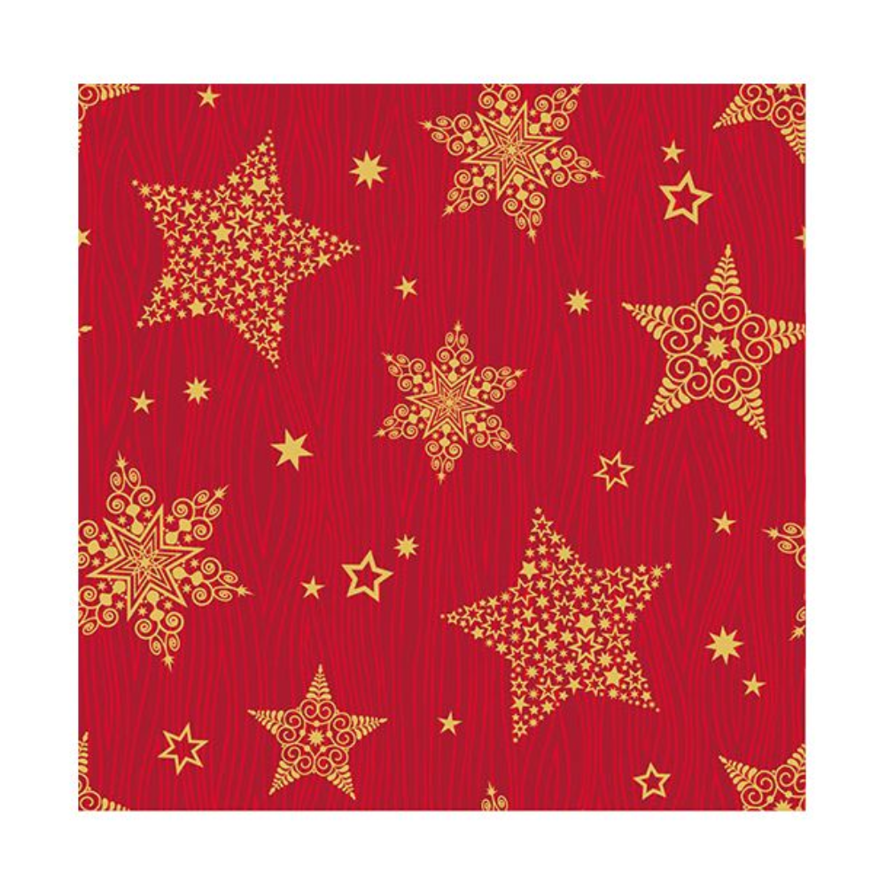 The PAPSTAR napkins “Christmas Shine” by PAPSTAR GmbH have a bright red background adorned with golden stars in various sizes. Some of the Christmas stars feature intricate patterns, while others are solid-colored, creating a dynamic mix of large and small stars scattered across the entire napkin design. Each pack contains 50 three-ply napkins, folded into quarters measuring 25 x 25 cm.