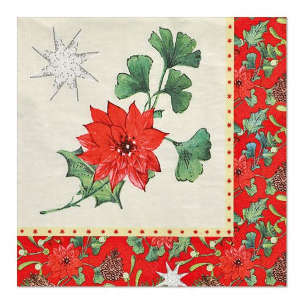 A decorative and environmentally friendly napkin from PAPSTAR GmbH with a red Christmas star with green leaves and a silver star, complemented by a red border with enchanting Christmas motifs of poinsettias and holly leaves. This "winter" design is available in packs of 50, with each napkin measuring 40 x 40 cm and made in 3-ply quarter-fold.