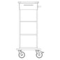 Line drawing of the Novocal care and work cart chassis by Novocal, with two large wheels, a handle, a top drawer, and two lower compartments, made of solid plastic and in side view.