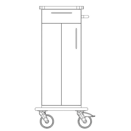 Schwarz-weiße Strichzeichnung eines Novocal Pflege- und Arbeitswagen Fahrgestells (1 Stück, Vollkunststoffplatt), mit zwei großen Rädern, Vordertüren, Griff auf der rechten Seite und flacher Oberseite. Marke: Novocal.