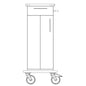 Black and white line drawing of a Novocal care and work cart chassis (1 piece, full plastic plate), with two large wheels, front doors, handle on the right side, and flat top. Brand: Novocal.