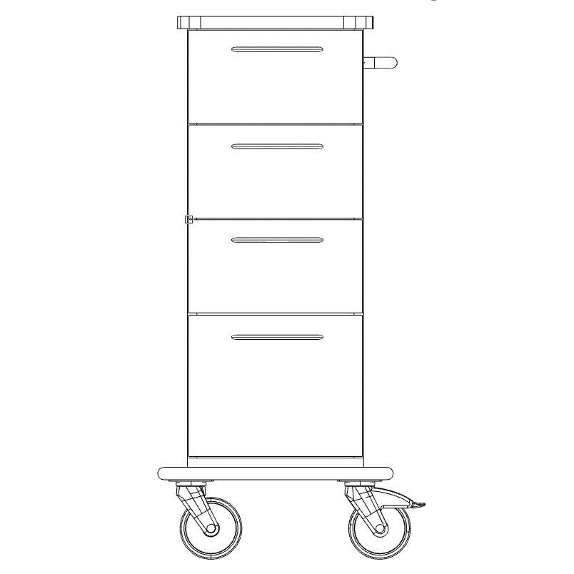 Line drawing of a tall, rectangular Novocal care and work trolley chassis with three horizontal drawers, a handle on the right side, and two large wheels at the bottom, seen from the front. Brand: Novocal.