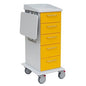 A white Novocal care and work trolley with a chassis made of continuous solid plastic board, four yellow drawers, flat top, and foldable side tray - ideal as a mobile care trolley.