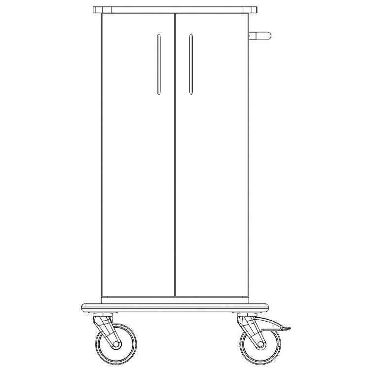 Black and white line drawing of a Novocal care and work cart chassis, package (1 piece), with two doors, handles, flat top and bottom, and large detailed full plastic platform wheels.