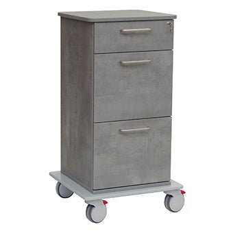 The Novocal care and utility cart frame features an all-plastic base, three drawers with metal handles, a lock for the top drawer, and four swivel casters—two of which have red locks. Brand: Novocal. Package: 1 piece.