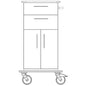 Line drawing of a Novocal care and work cart with a continuous full plastic plate, two large and two small wheels, upper drawer, two lower doors, handle on the right side, and robust chassis.