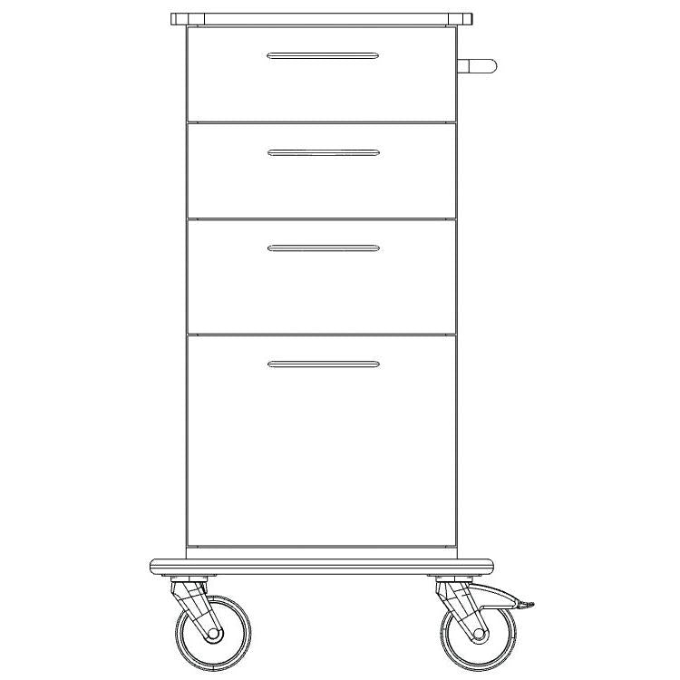 Line drawing of a Novocal care and work cart chassis made of solid plastic, with four drawers with handles, a right handlebar, and four wheels (two visible). Brand: Novocal.