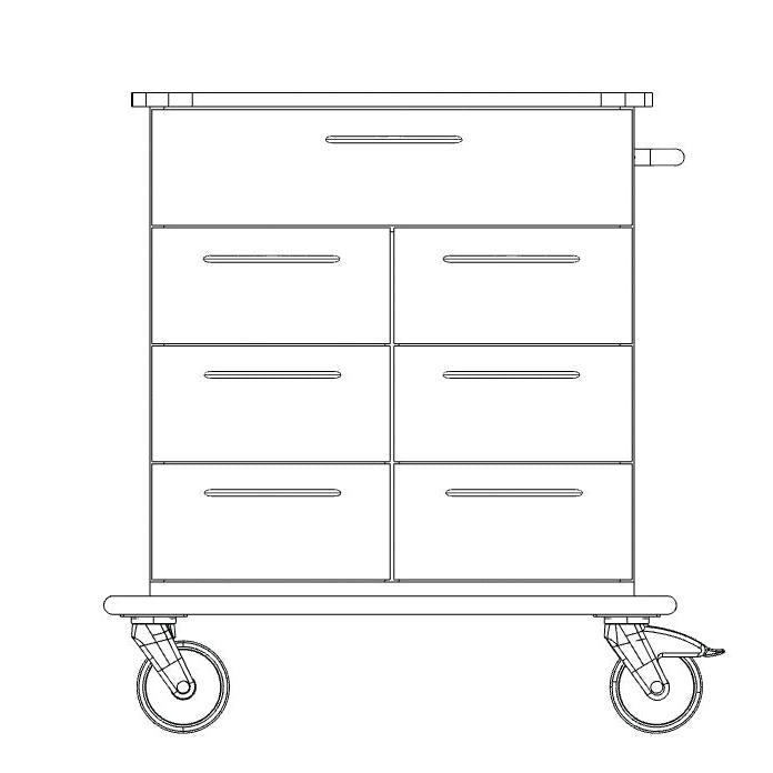 Line drawing of the Novocal care and utility cart: one large top drawer, six smaller drawers arranged in two columns, a durable solid plastic top, four wheels, and a handle on the right side. Brand: Novocal. Package (1 piece).