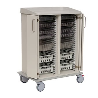 The Novocal care and work trolley features a beige full-plastic chassis, double doors, transparent plastic trays in vertical rows, side handles, and four wheels for easy mobility. Package: 1 piece. Brand: Novocal.