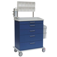 A blue Novocal anesthesia cart with five drawers, a white tabletop, and casters. Includes a transparent organizer with compartments and a side-mounted waste bin—perfect as an anesthesia unit in clinical settings.